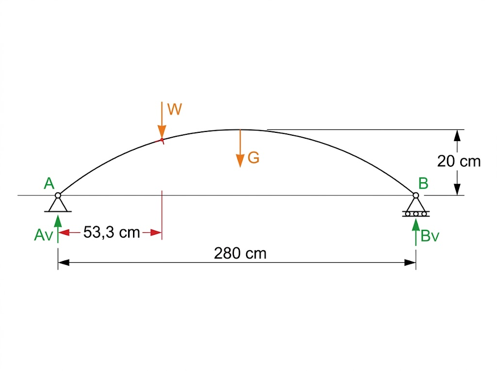 Static system of the 2.8 metre timber and chain arch bridge